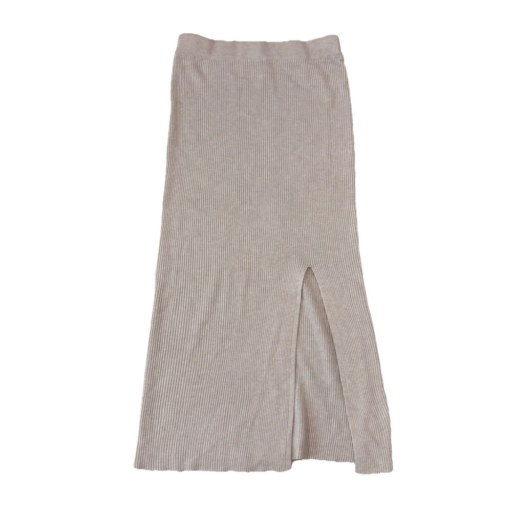 Olive + Oak Womens Midi Skirt Ribbed Heather Oatmeal Size Small Front Slit